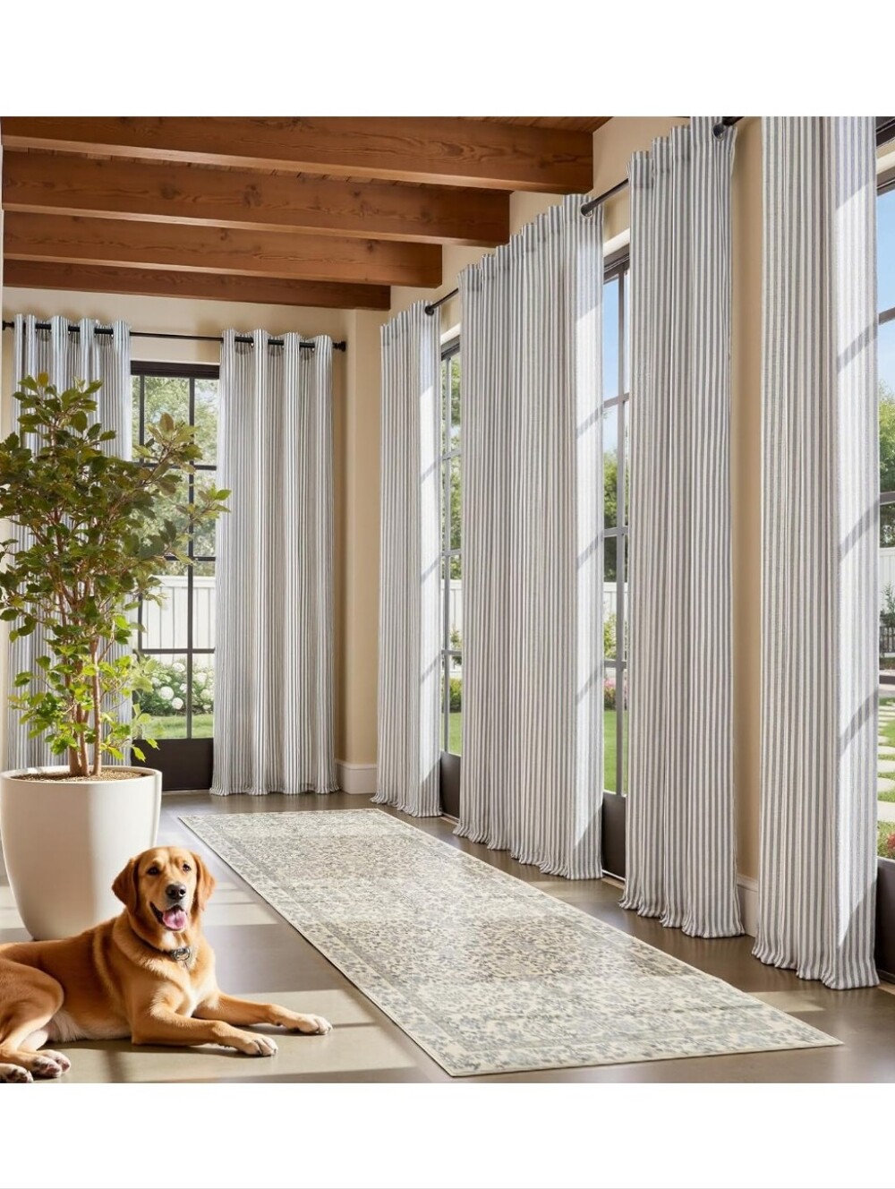 jinchan Linen Curtains Living Room Blue on Beige Striped Curtains 50x96"